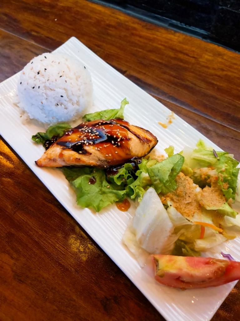 Kid's Salmon Teriyaki · Grilled chicken with house-made teriyaki sauce. Served with smaller portion of meat and one scoop of rice.