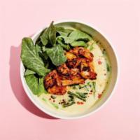 Green Curry with Grilled Shrimp · green curry with pea shoots, Chinese broccoli, snap peas, coconut