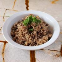 Mdardara (V,GF) · Basmati rice & lentils topped with caramelized onions. Served with tahini sauce