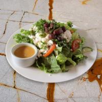 Greek Salad (GF) · Romaine lettuce with tomato, parsley, cucumber, feta cheese, olives, and house dressing. 