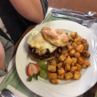 Collins Breakfast Burger · 8 oz. Angus chuck, fried egg, caramelized bacon and onion jam, pepper jack cheese and srirac...
