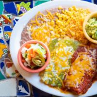 Cheese Enchiladas  · Two Cheese Enchiladas topped with your choice of sauce. Served with rice, beans and corn.