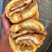 A.J. Hero · Chicken cutlet, American cheese, onions rings and brown gravy. 