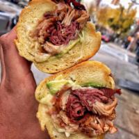 The Butch Hero · Grilled pastrami, pepper turkey, pepper jack, avocado and caramelized onions, bacon with ran...