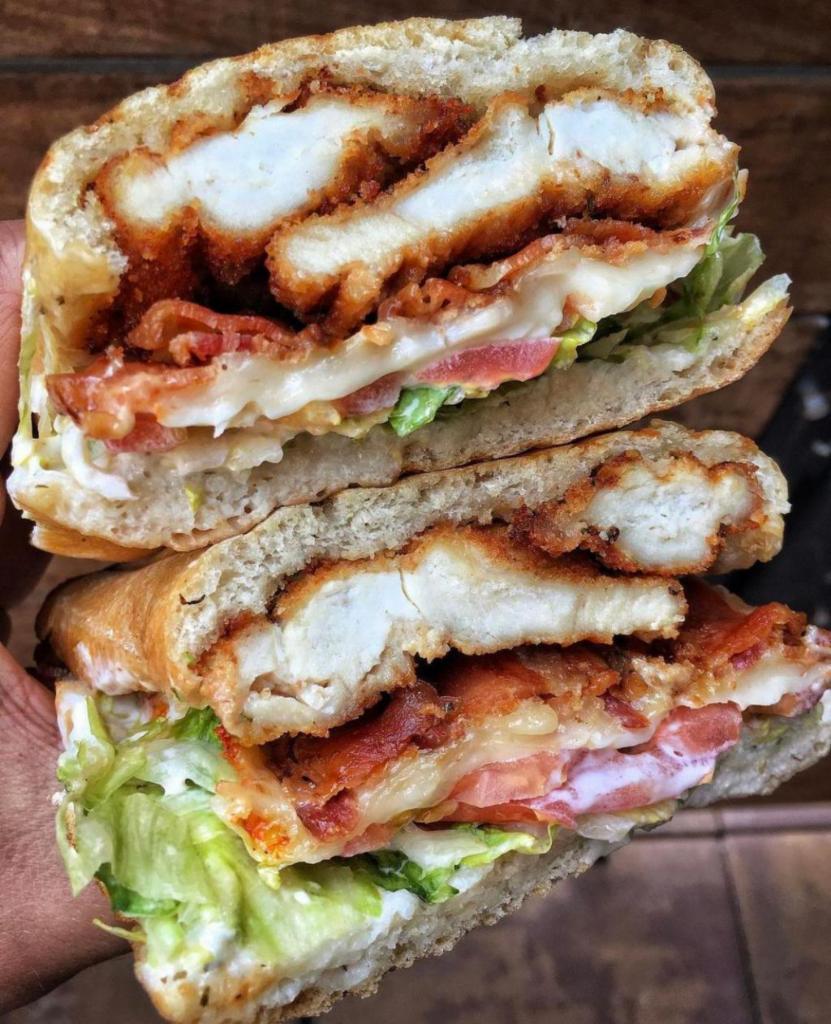 NYPD Panini · Chicken cutlet, bacon, Munster cheese, lettuce and tomato with ranch dressing.