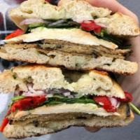 The Eggplant Special · Fried Eggplant, Fresh Mozzarella, Spinach, Red Onion, Roasted Peppers with Olive Oil & Balsa...