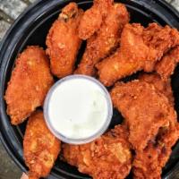 Buffalo Wings · 8 Pieces of wings served with Celery and Carrots and a side of blue cheese dressing.
