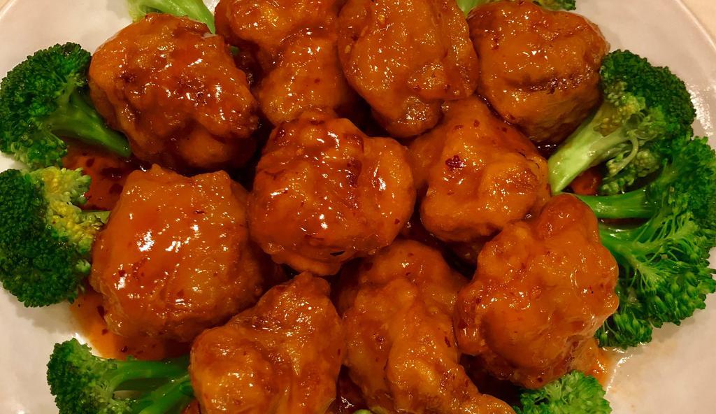 C21. General Chicken · Hot and spicy. Deep fried chicken with broccoli in our sweet and spicy sauce.
