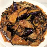 V5. Eggplant with Hot Garlic Sauce · Hot and spicy. Eggplant, tree ear, bamboo shoot, green onion in hot garlic sauce.