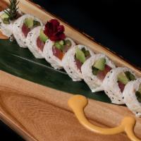 Sashimi Roll · Tuna, salmon, albacore, krab, asparagus, avocado, tobiko and soy paper. (NO rice)