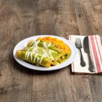 Spinach and Chicken Enchilada · 3 corn tortillas stuffed with grilled chicken and spinach, topped with a creamy poblano sauc...