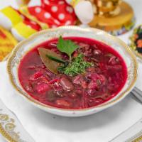 Small bowl of Borsht · Vitamin bomb! Vegan! Traditional soup of beets, cabbage, potato, tomato, mushrooms, onions, ...