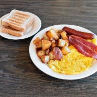 #25. 2 Eggs 1 Beef Sausage 2 bacon homefries or grits with Toast  · Served with grits or homefries.