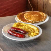 #30. Pancake 2 Eggs with Beef Sausage · Flat sweet cake. Finely chopped or ground meat, often mixed with seasoning.