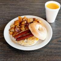 Sandwich Combo 1 · Egg, meat, grits or homefries and orange juice.  