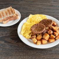 #4. Two Eggs and Pattie Sausage homefries or grits · Flat and round cooked patty. 