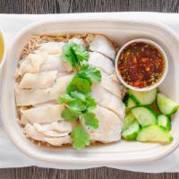 The Marina · All breast, skinless, poached, organic Mary's chicken over fragrant organic brown rice, garn...