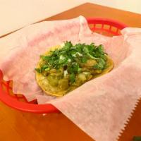 Chicharron Verde · Pork skin taco, cilantro and onions.