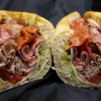 S. Stallone on Crusty Italian Bread · Capicola, ham, Genoa salami, soppressata, provolone, basil pesto, Roma tomatoes, red onion, ...