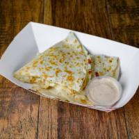 Chicken Quesadilla · Melted mozzarella cheese, pan seared chicken breast. Served with roasted tomato aioli.
