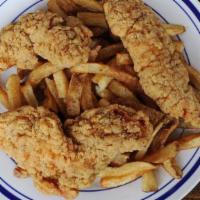 Kids Chicken Tenders with French Fries · Breaded chicken tenders.