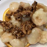 79. Honey Walnut Prawns · NOTE: there will be no orange in the order. It is just for decoration purposes for this photo.