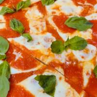 Margherita Pizza · Fresh mozzarella, plum tomatoes, garlic and basil, and fresh basil  on the top. Pair wine wi...