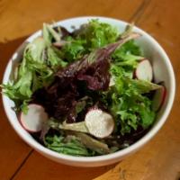 Simple Salad · Mixed greens with shaved radish, chives, and red wine vinaigrette. Vegan and gluten free.