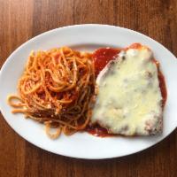 Chicken Parm with Spaghetti · Buttermilk marinated, mozzarella, tomato sauce, served with a side of spaghetti