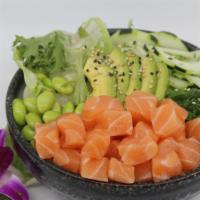 Reg. Salmon Poké Bowl · Choice of protein with rice base, pickled cucumber, avocado, edamame, green leaf lettuce and...