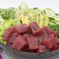 Reg. Ahi Tuna Poké Bowl · Choice of protein with rice base, pickled cucumber, avocado, edamame, green leaf lettuce and...