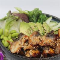  Broiled Eel Poké Bowl · Choice of protein with rice base, pickled cucumber, avocado, edamame, green leaf lettuce and...