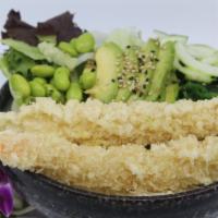Shrimp Tempura Poké Bowl · Choice of protein with rice base, pickled cucumber, avocado, edamame, green leaf lettuce and...