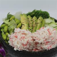 Surimi Crab Poké Bowl · Choice of protein with rice base, pickled cucumber, avocado, edamame, green leaf lettuce and...