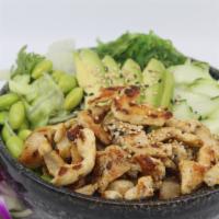 Hawaiian Grilled Chicken Poké Bowl · Choice of protein with rice base, pickled cucumber, avocado, edamame, green leaf lettuce and...