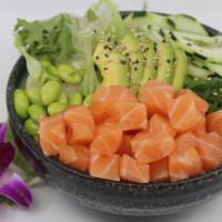 Reg. Salmon Salad Bowl · Choice of protein with salad base, pickled cucumber, avocado, carrot, red cabbage, edamame, ...