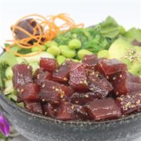 Poké Ahi Tuna Salad Bowl · Choice of protein with salad base, pickled cucumber, avocado, carrot, red cabbage, edamame, ...