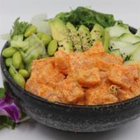 Spicy Salmon Salad Bowl · Choice of protein with salad base, pickled cucumber, avocado, carrot, red cabbage, edamame, ...