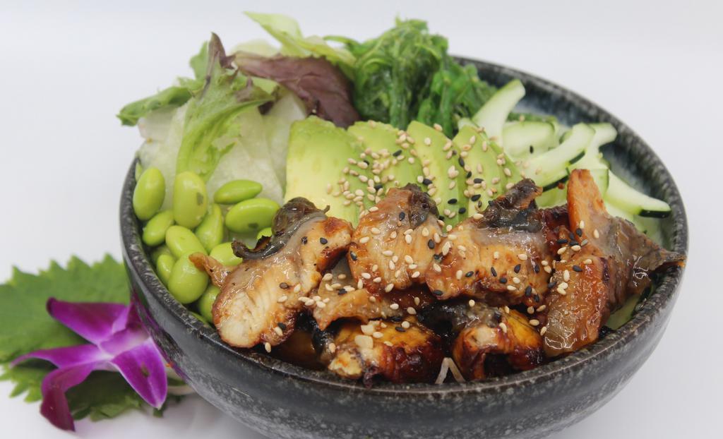 Broiled Eel (Unagi) Salad Bowl · Choice of protein with salad base, pickled cucumber, avocado, carrot, red cabbage, edamame, sweet corn and seaweed salad.