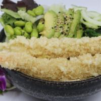 Tempura Shrimp Salad Bowl · Choice of protein with salad base, pickled cucumber, avocado, carrot, red cabbage, edamame, ...