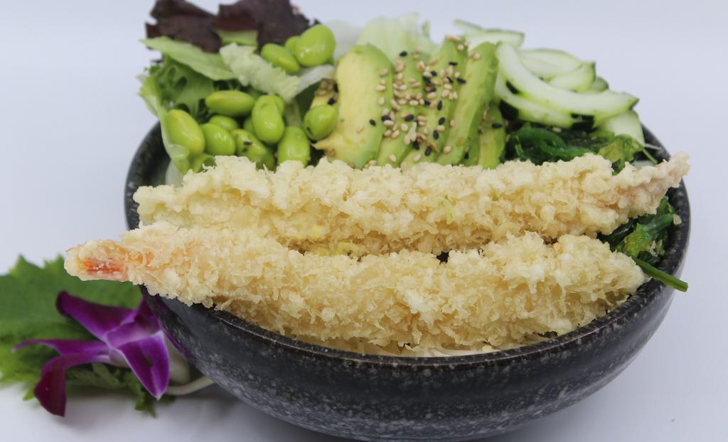 Tempura Shrimp Salad Bowl · Choice of protein with salad base, pickled cucumber, avocado, carrot, red cabbage, edamame, sweet corn and seaweed salad.
