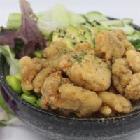 Chicken Karaage Salad Bowl · Choice of protein with salad base, pickled cucumber, avocado, carrot, red cabbage, edamame, ...