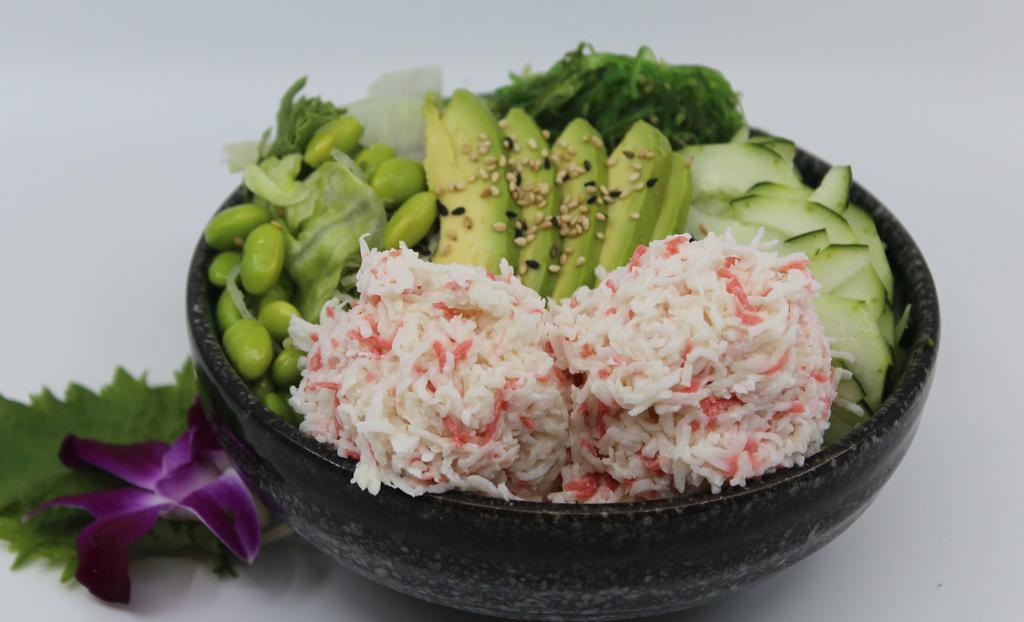 Snow Crab Salad Bowl · Choice of protein with salad base, pickled cucumber, avocado, carrot, red cabbage, edamame, sweet corn and seaweed salad.