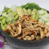 Hawaiian Grilled Chicken Salad Bowl · Choice of protein with salad base, pickled cucumber, avocado, carrot, red cabbage, edamame, ...