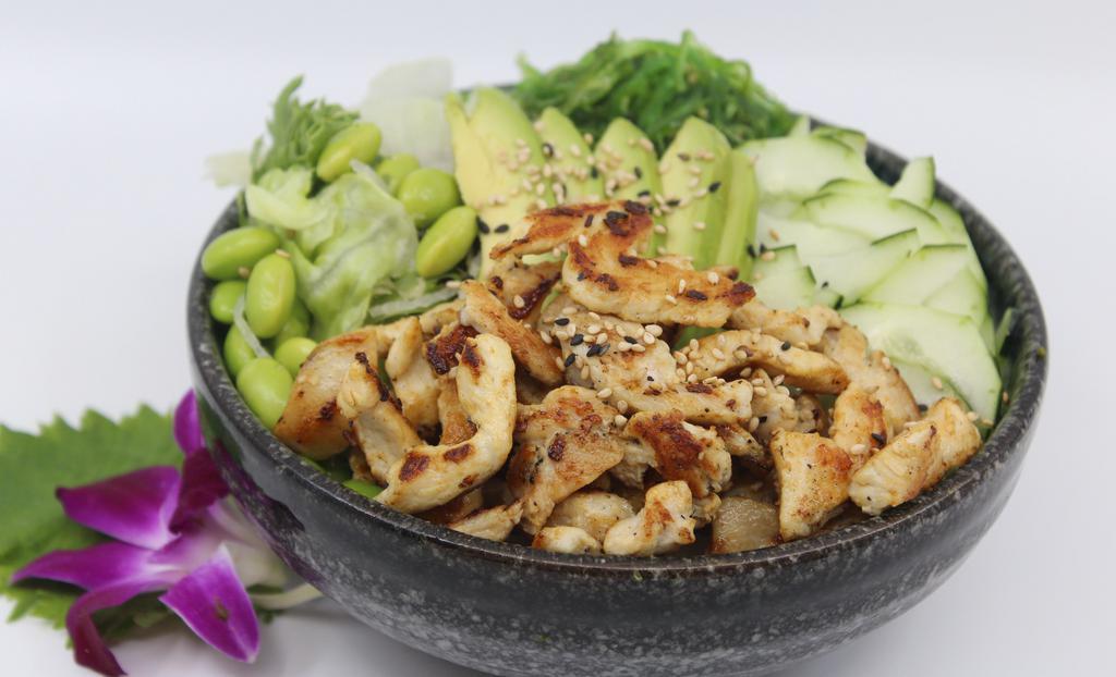 Hawaiian Grilled Chicken Salad Bowl · Choice of protein with salad base, pickled cucumber, avocado, carrot, red cabbage, edamame, sweet corn and seaweed salad.