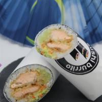 9. Seahawks Burrito · Crispy salmon, cucumber, avocado, red cabbage, onion, bell pepper, carrot, with spicy mayo a...