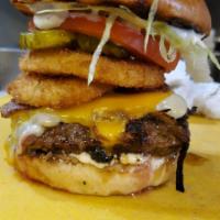 The Big Sloppy · 8oz USDA Prime wagyu & brisket burger, sautéed mushrooms, two onion rings, thick cut bacon, ...