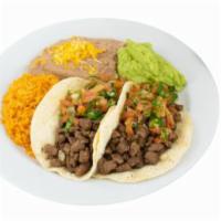 2. Two Carne Asada Tacos Combination Plate · Two chopped carne asada tacos (chopped steak) comes with guacamole and pico de gallo on the ...