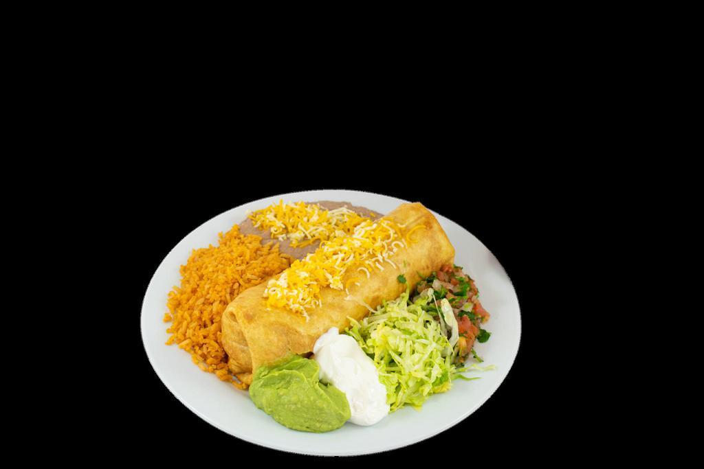 8. Chimichanga Combination Plate · Fried burrito, with your choice of chicken or beef with beans and cheese inside the burrito, served with guacamole and sour cream and cheese on top with lettuce and pico de gallo rice and beans on the side.