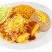 10. Two Cheese Enchiladas Combination Plate · Two cheese enchiladas smothered in red enchilada sauce with cheese and lettuce on top served...
